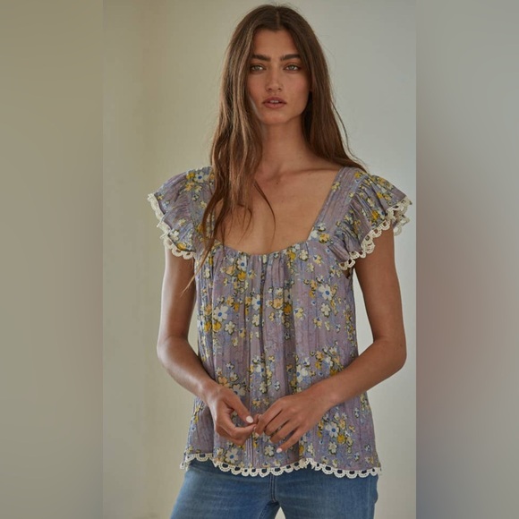 By Together Tops - By Together Purple Floral Blouse with Lace Detail